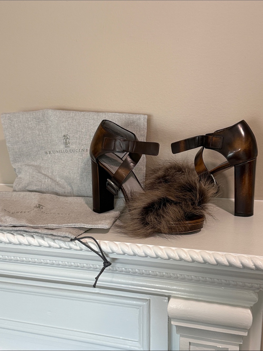 Brunello Cucinelli Fur-Trim Leather Platform Heels Size 38